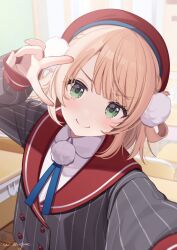 Rule 34 | 1girl, beret, blonde hair, blue ribbon, blunt bangs, braid, buttons, classroom, closed mouth, collared shirt, dated commentary, double-breasted, dress shirt, green eyes, grey jacket, hair ornament, hair rings, hat, highres, indie utaite, jacket, long sleeves, neck ribbon, outstretched arm, pinstripe jacket, pinstripe pattern, pom pom (clothes), pom pom hair ornament, reaching, reaching towards viewer, red sailor collar, ribbon, sailor collar, school uniform, self-portrait, selfie, shigure ui, shigure ui (vtuber), shigure ui (vtuber) (1st costume), shirt, short hair, side braid, sleeve cuffs, smile, solo, swept bangs, v, virtual youtuber, white shirt