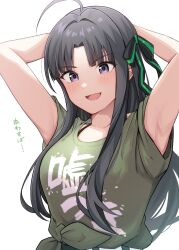 Rule 34 | 1girl, absurdres, ahoge, armpits, arms up, awa subaru, black hair, black ribbon, blush, bra strap, girls band cry, green shirt, hair ribbon, highres, long hair, looking at viewer, open mouth, parted lips, ribbon, rrtp, shikai no sumi kuchiru oto, shirt, sidelocks, simple background, solo, tied shirt, translated, upper body, white background