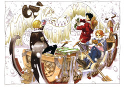 1girl 2000 2boys black_hair blonde_hair border bottle cleaned color_spread colorspread cover cover_page denim drinking fur_trim gloves goggles hat highres horns jacket jeans map mittens monkey_d._luffy monster mountain multiple_boys nami_(one_piece) oda_eiichirou official_art one_piece orange_hair outdoors pants paper quill quilted_jacket rope sanji_(one_piece) scar scarf scenery sharp_teeth sitting sleigh snow snowing straw_hat teeth tree