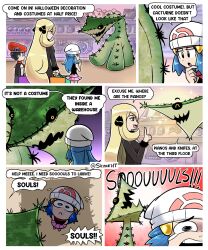 ! !! 1boy 1other 2024_pokemon_teraleak 2girls :&lt; :o absurdres barry_(pokemon) beta_design blonde_hair blue_eyes blue_hair breasts cacturne cacturne_(prototype) cynthia_(pokemon) dawn_(pokemon) english_text gen_3_pokemon hair_over_one_eye halloween highres horror_(theme) indoors looking_at_another monster multiple_girls nintendo open_mouth parody pokemon pokemon_(creature) pokemon_dppt pokemon_rse_(prototype) prototype_design scared sharp_teeth siczak size_difference sky smile spikes surprised teeth the_simpsons