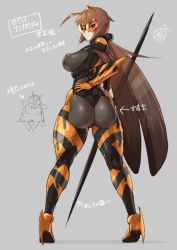 1girl antenna_hair armor ass bee_girl bodysuit breasts brown_hair commentary hair_tubes hand_on_own_hip high_heels insect_girl javelin_(spear) lance large_breasts long_hair looking_back low_twintails mikoyan original personification polearm simple_background sunglasses translation_request twintails wasp weapon