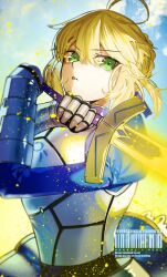 Rule 34 | 1girl, ahoge, armor, armored dress, artoria pendragon (fate), blonde hair, blue dress, blue ribbon, braid, breastplate, breasts, dress, excalibur (fate/stay night), fate/stay night, fate (series), faulds, gauntlets, green eyes, hair bun, hair ribbon, highres, juliet sleeves, kabosoi mangaka, long hair, long sleeves, looking at viewer, medium breasts, puffy sleeves, ribbon, saber (fate), sidelocks, solo, sword, weapon