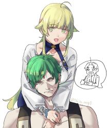 Rule 34 | 1girl, 2boys, ahoge, arms around neck, blonde hair, closed mouth, green hair, highres, mole, mole under eye, multiple boys, mushoku tensei, norn greyrat, open mouth, rudeus greyrat, ruijerd superdia, small sweatdrop, smile, tokita (mag0)