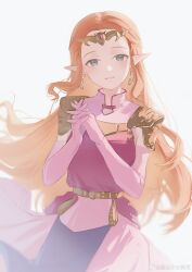 1girl absurdres armor blonde_hair blue_eyes blush chinese_commentary circlet commentary_request dress earrings elbow_gloves gem gloves grin highres interlocked_fingers jewelry long_hair looking_at_viewer nintendo own_hands_together pink_dress pink_gloves pointy_ears princess princess_zelda red_gemstone shoulder_armor smile solo the_legend_of_zelda the_legend_of_zelda:_ocarina_of_time triforce watermark weibo_watermark white_background yun_(dl2n5c7kbh8ihcx)