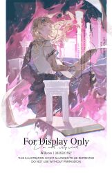1boy 6_(reverse:1999) absurdres arm_tattoo blonde_hair blue_eyes blue_robe cowboy_shot fire floating_hair from_side highres holding holding_scroll long_hair looking_up male_focus official_alternate_costume parted_lips pillar pink_fire reverse:1999 robe scroll shirt short_sleeves solo tattoo watermark white_shirt you&#039;er