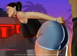 1girl arms_behind_back ass bent_over black_hair black_tank_top blue_shorts breasts brown_eyes cuffs dark-skinned_female dark_skin earrings english_text from_side grand_theft_auto grand_theft_auto_vi handcuffs highres hoop_earrings huge_ass imminent_penetration jewelry large_breasts lucia_(grand_theft_auto) lucia_caminos short_shorts shorts subtitled tank_top the_greco
