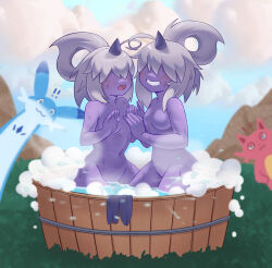 ! !! 2girls ahoge bathing bathtub black_horns blue_sky blurry blurry_background blush breasts cattiva chillet cloud collarbone colored_skin completely_nude covered_eyes day dazzi facing_another facing_viewer fangs female_focus grass grey_hair grin groin hair_over_eyes hair_rings hands_up happy highres horns kneeling lalamedli multiple_girls navel no_nipples nude open_mouth outdoors palworld purple_skin short_hair sidelocks single_horn sky small_breasts smile soap_bubbles stomach teeth water