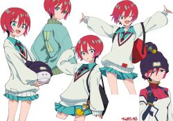 amate_yuzuriha aqua_eyes aqua_shirt aqua_skirt beanie bodysuit gquuuuuux gundam gundam_gquuuuuux hat mecha_pilot_suit multicolored_bodysuit necktie non-humanoid_robot red_hair robot shirt skirt sweater two-tone_necktie xexu4577