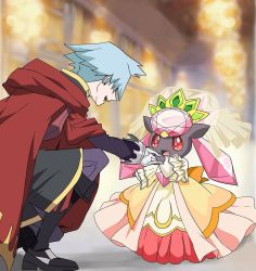 10s 1boy 1girl blue_hair cape crown diancie dress gen_6_pokemon happy kneeling legendary_pokemon mayapazoo mythical_pokemon nintendo pokemon pokemon_(creature) pokemon_oras size_difference smile steven_stone