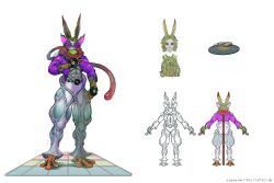 1boy abs animal_ears artist_request closed_mouth colored_skin concept_art dancing_green final_fantasy final_fantasy_xiv frog_boy green_hair grey_skin grin horizontal_pupils jacket looking_at_viewer monster_boy official_art open_clothes open_jacket pants purple_jacket rabbit_ears record reference_sheet simple_background smile solo standing tongue_scarf v viera white_background white_pants