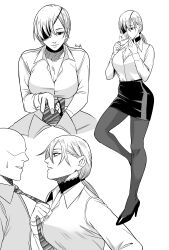 1boy 1girl absurdres adjusting_clothes adjusting_necktie artist_name assertive_female breasts chainsaw_man choker cigarette cleavage clothes_grab eyepatch faceless faceless_male high_heels highres holding_necktie kei_dragonsheaven leggings monochrome necktie necktie_grab neckwear_grab office_lady open_clothes open_shirt pantyhose ponytail quanxi_(chainsaw_man) skirt smoking sweat white_hair