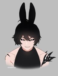 1boy animal_ears black_hair grey_background hair_between_eyes highres looking_at_viewer male_focus matemi muscular muscular_male non-web_source nose original rabbit_boy rabbit_ears short_hair simple_background smile solo straight-on teeth twitter_username upper_body