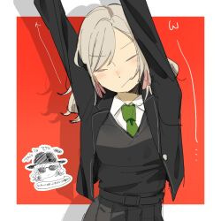 1girl 524ryo :/ alt_text arms_up black_jacket black_skirt black_sweater_vest blazer blush border breasts ceras_yanagida_lilienfeld chibi chibi_inset closed_eyes closed_mouth collared_shirt commentary_request cowboy_shot dress_shirt english_text green_necktie grey_hair hair_ribbon highres jacket large_breasts link!_like!_love_live! love_live! mixed-language_text mizukawa_school_uniform necktie nose_blush open_clothes open_jacket outside_border pink_ribbon pleated_skirt red_background ribbon school_uniform shirt simple_background skirt stretching sweater_vest translation_request v-shaped_eyebrows virtual_youtuber white_border white_shirt