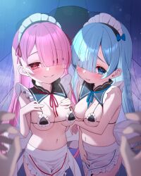 1boy 2girls apron bare_shoulders bikini black_bikini blue_eyes blue_hair blurry blurry_foreground blush breasts cleavage commentary_request covered_erect_nipples depth_of_field frilled_apron frilled_bikini frills hair_over_one_eye highres indoors large_breasts long_hair maid_headdress micro_bikini multiple_girls navel original parted_lips pink_hair red_eyes smile sweat swimsuit tears tsukiman very_long_hair waist_apron white_apron
