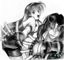 1boy 1girl asamiya_athena fingerless_gloves gloves hair_ornament idol kusanagi_kyou psycho_soldier purple_hair snk star_(symbol) star_hair_ornament the_king_of_fighters