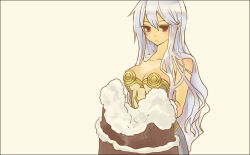 1girl bad_id breasts brown_cape cape cleavage closed_mouth dress expressionless fur-trimmed_cape fur_trim grey_dress grey_hair high_wizard_(ragnarok_online) lala_(sputnik) large_breasts long_hair ragnarok_online red_eyes simple_background solo strapless strapless_dress undressing unworn_cape upper_body very_long_hair