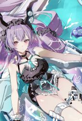 1girl arknights bare_shoulders black_headdress black_one-piece_swimsuit halterneck headdress highres horns long_hair looking_at_viewer one-piece_swimsuit purple_eyes purple_hair signature solo swim_ring swimsuit thigh_strap thighs typhon_(arknights) typhon_(temperature_difference)_(arknights) very_long_hair water yuuki_uyu