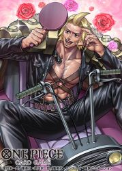 1boy belt black_jacket black_pants blonde_hair commentary_request copyright_name curly_eyebrows duval flower holding holding_mirror jacket kagelow male_focus mirror o-ring official_art one_piece one_piece_card_game open_mouth pants rose shoulder_pads sitting smile solo sparkle