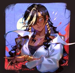 Rule 34 | 1girl, black hair, centurion (reverse:1999), dark-skinned female, dark skin, doyeong, gold necklace, highres, jewelry, long hair, mole, mole under mouth, necklace, reverse:1999, shirt, white shirt, yellow eyes