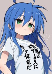 Rule 34 | 1girl, :3, a flat chest is a status symbol, closed mouth, green eyes, grey background, hair between eyes, hand on own hip, highres, izumi konata, long hair, lucky star, mole, mole under eye, shirt, short sleeves, simple background, smile, solo, translated, upper body, white shirt, yoyohachi