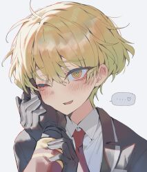 1boy 1other bad_id bad_twitter_id black_gloves blonde_hair blush coat collared_shirt dante_(limbus_company) gloves hand_on_another&#039;s_face happy heart highres inactive_account korean_commentary limbus_company long_sleeves male_focus maratang necktie one_eye_closed other_with_male project_moon red_coat red_necktie shirt short_hair simple_background sinclair_(project_moon) solo_focus speech_bubble white_background white_shirt wing_collar yellow_eyes