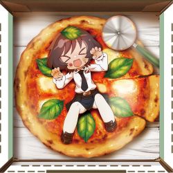 &gt;_&lt; 1girl :d akiyama_yukari all_fours anzio_school_uniform belt black_belt black_necktie black_shoes black_skirt brown_hair chaki_(teasets) chibi claw_pose dress_shirt emblem facing_viewer female_focus food food_on_face from_above girls_und_panzer in_food leaf loafers long_sleeves lying margherita_pizza messy_hair miniskirt necktie on_back open_mouth pantyhose pizza pizza_cutter pleated_skirt school_uniform shirt shoes short_hair skirt smile solo white_pantyhose white_shirt