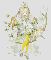 1girl animal_ear_headwear animal_ears ankle_ribbon arrow_(projectile) blonde_hair bloomers blunt_bangs bow_(weapon) cat_ears closed_mouth commentary commission daisy_(flower) dress drill_hair expressionless eyelashes fake_animal_ears flower frilled_anklet frilled_sleeves frills full_body green_bloomers green_eyes green_shoes grey_background hair_between_eyes hair_through_headwear happybiirthd hat hat_flower highres holding holding_arrow holding_bow_(weapon) holding_weapon layered_sleeves leg_ribbon light_blush long_hair long_sleeves original pantyhose puffy_long_sleeves puffy_sleeves ribbon sample_watermark shoes short_dress short_over_long_sleeves short_sleeves simple_background sleeves_past_wrists sneakers solo standing train_(clothing) underwear watermark weapon white_dress white_flower white_hat white_ribbon yellow_pantyhose