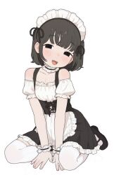 1girl absurdres apron bare_shoulders black_choker black_dress black_eyes black_hair black_ribbon black_shoes black_wrist_cuffs choker collarbone commentary dress english_commentary frilled_apron frilled_choker frilled_wrist_cuffs frills full_body hair_ribbon highres maid maid_headdress mary_janes medium_hair mixed-language_commentary off-shoulder_dress off_shoulder original pantyhose petticoat possummachine ribbon shoes short_sleeves solo white_apron white_background white_pantyhose white_sleeves wrist_cuffs