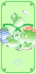 &gt;_&lt; absurdres border ccccrack closed_eyes commentary_request crack dirt flower flower_pot food full_body genshin_impact green_background green_border highres jumping leaf motion_lines no_humans outline plant radish red_flower simple_background slime_(creature) slime_(genshin_impact) solid_oval_eyes triquetra vegetable white_outline