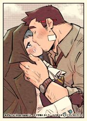 1boy 1girl absurdres ace_attorney arm_hair ascot blush border brown_gloves brown_hair coat_on_head collared_shirt dick_gumshoe franziska_von_karma gloves grey_hair grey_shirt hetero highres kiss necktie pencil_behind_ear sad shirt short_hair sideburns tears upper_body veins veiny_hands watch white_ascot white_border wristwatch yowasabimechaoc