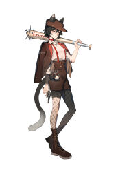 1girl absurdres alternate_costume animal_ears baseball_bat black_fur black_hair body_fur brown_hat brown_jacket brown_shoes brown_shorts cat_ears cat_girl cat_tail character_name charm_(object) chinese_commentary choker chuo_chuo_ye closed_mouth collared_shirt commentary_request dungeon_meshi ears_through_headwear fishnet_pantyhose fishnets full_body gun hand_up handgun hat highres holding holding_baseball_bat holding_gun holding_weapon izutsumi jacket jacket_on_shoulders looking_at_viewer nail nail_(hardware) nail_bat newsboy_cap over_shoulder pantyhose red_choker revolver shirt shoes short_hair shorts simple_background solo standing suspender_shorts suspenders tail weapon weapon_over_shoulder white_background white_shirt