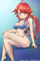 1girl ahoge arm_support artist_name backpack bag bikini blue_bikini breasts character_backpack cleavage creatures_(company) crossed_legs game_freak gen_1_pokemon glasses half-closed_eyes hand_on_own_knee lapras large_breasts long_hair lorelei_(pokemon) lumineko nintendo pokemon pokemon_lgpe ponytail red_eyes red_hair sidelocks smile solo swept_bangs swimsuit watermark web_address