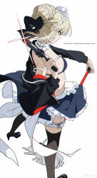 1girl absurdres apron artoria_pendragon_(fate) artoria_pendragon_alter_(swimsuit_rider)_(fate) artoria_pendragon_alter_(swimsuit_rider)_(second_ascension)_(fate) back_bow bikini black_bikini black_bow black_jacket black_shoes black_skirt black_thighhighs blonde_hair bow breasts bun_with_braided_base choker commentary_request fate/grand_order fate_(series) frilled_choker frilled_skirt frilled_thigh_strap frills gun hair_bow hair_bun highres holding holding_gun holding_mop holding_weapon hood hood_down hooded_jacket jacket looking_at_viewer looking_back maid maid_apron maid_bikini maid_headdress miniskirt mop official_alternate_costume shoes simple_background skirt small_breasts solo standing strap_slip swimsuit thigh_strap thighhighs unconventional_maid waist_apron weapon white_apron white_background white_bow z3zz4