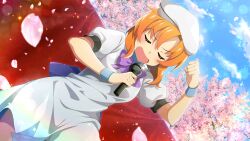 1girl bow bowtie cherry_blossoms clenched_hand closed_eyes cowboy_shot dress dutch_angle falling_petals game_cg hanami hand_up hat highres higurashi_no_naku_koro_ni higurashi_no_naku_koro_ni_mei holding holding_microphone lens_flare microphone music non-web_source official_art open_mouth orange_hair outdoors petals pink_petals puffy_sleeves purple_bow purple_bowtie ryuuguu_rena short_hair short_sleeves singing sky solo sparkle standing u_u v-shaped_eyebrows white_dress white_hat wristband