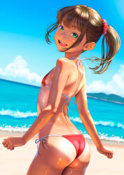 1girl ass back bare_arms beach bikini blue_sky breasts brown_hair cloud day flat_chest green_eyes hair_ornament hair_scrunchie highres loli looking_at_viewer medium_hair ocean open_mouth original outdoors ponytail red_bikini scrunchie shoulder_blades sidelocks sky smile solo standing swimsuit tan tanline uzuki_mei