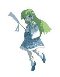 Rule 34 | 1girl, ay606078, blue skirt, breasts, closed mouth, commentary, detached sleeves, frog hair ornament, full body, gohei, green eyes, green hair, hair ornament, hair tubes, highres, holding, holding gohei, kochiya sanae, long hair, looking at viewer, shoes, simple background, single hair tube, skirt, snake hair ornament, solo, touhou, very long hair, white background