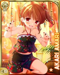 1girl amari_akari barefoot black_shirt black_shorts card_(medium) girlfriend_(kari) indoors looking_at_viewer multicolored_hair nail_polish official_art open_mouth ponytail qp:flapper red_eyes shirt short_hair shorts side_ponytail sidelocks smile solo spa streaked_hair tagme