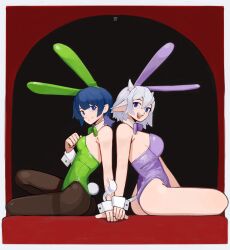 2girls animal_ear_hairband animal_ears back-to-back blue_eyes blue_hair bow bowtie breasts closed_mouth collar cuffs detached_collar fake_animal_ears goat_ears goat_horns goat_tail hairband highres horns kartp leotard looking_at_viewer medium_breasts multiple_girls open_mouth original pantyhose playboy_bunny rabbit_ear_hairband rabbit_ears rabbit_tail simple_background sitting small_breasts tail white_collar white_hair white_tail white_wrist_cuffs wrist_cuffs