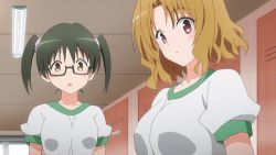 2girls animated animated_gif blush bra breasts cleavage clothes_lift glasses large_breasts locker locker_room lowres momioka_risa multiple_girls sawada_mio semi-rimless_eyewear shirt_lift short_hair to_love-ru to_love-ru_darkness twintails under-rim_eyewear underwear wind wind_lift