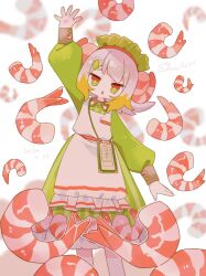 1girl :o apron arm_at_side arm_up blonde_hair blurry blurry_background dated dot_nose dress feet_out_of_frame green_dress green_eyes grey_hair lanyard legs_apart long_sleeves looking_at_viewer maid maid_headdress menu multicolored_eyes multicolored_hair open_hand open_mouth original outstretched_arms personification petticoat puffy_long_sleeves puffy_sleeves red_eyes shrimp signature simple_background solo sorata123 striped_clothes striped_dress two-tone_eyes two-tone_hair white_apron white_background