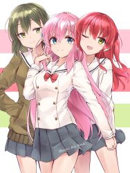 Rule 34 | 3girls, ahoge, blonde hair, blue eyes, bocchi the rock!, brown cardigan, buttons, cardigan, commentary request, cowboy shot, double-breasted, gotoh hitori, green eyes, green hair, grey skirt, hand in pocket, highres, jacket, kita ikuyo, long hair, minosu, multicolored background, multiple girls, no jacket, one eye closed, one side up, open mouth, pink hair, red hair, sailor collar, sasaki tsuguko, school uniform, serafuku, short hair, shuka high school uniform, skirt, striped background, white jacket, white sailor collar