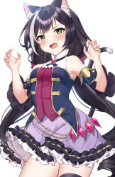 1girl animal_ear_fluff animal_ears black_hair black_thighhighs blush cat_ears cat_girl cat_tail detached_sleeves fang green_eyes hands_up highres karyl_(princess_connect!) long_hair looking_at_viewer low_twintails multicolored_hair open_mouth pn_(wnsl216) princess_connect! purple_skirt simple_background skirt solo streaked_hair sweatdrop tail thighhighs thighs twintails white_background white_hair