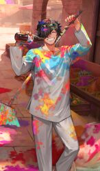 1boy :d arms_up black_hair bottle brand_name_imitation broom closed_eyes commentary_request day eyewear_on_head fate/grand_order fate_(series) feet_out_of_frame green-tinted_eyewear grin hair_over_one_eye holding holding_bottle holding_broom holi_festival lack long_sleeves male_focus medium_hair official_alternate_costume official_art okada_izou_(fate) one_eye_covered open_mouth outdoors paint_on_clothes pants ponytail shirt smile soda_bottle solo standing sunglasses sunlight teeth third-party_source tinted_eyewear white_pants white_shirt yellow-framed_eyewear