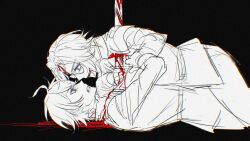 2boys ahoge aotsuki_eito black_background bleeding bleeding_from_mouth blood blood_from_forehead blue_eyes highres holding holding_sword holding_weapon impaled limited_palette male_focus messy_hair multiple_boys open_mouth parted_hair red_eyes simple_background smile stab sumino_takumi sword teeth the_hundred_line_-last_defense_academy- weapon
