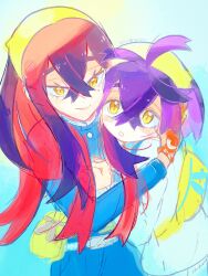1boy 1girl black_hair blue_jacket brother_and_sister carmine_(pokemon) closed_mouth commentary_request crossed_bangs eyelashes gloves hair_between_eyes hairband highres hug jacket kieran_(pokemon) long_hair long_sleeves looking_at_viewer mole mole_under_eye multicolored_hair nintendo parted_lips pokemon pokemon_sv purple_hair red_gloves red_hair shiro_(46isou) siblings simple_background white_jacket yellow_bag yellow_eyes yellow_hairband