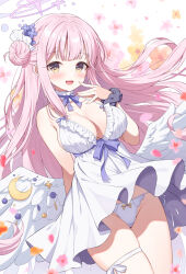 1girl blue_archive bow bow_panties breasts cleavage commentary dress feathered_wings flower hair_bun hair_ornament halo large_breasts long_hair looking_at_viewer mauve mika_(blue_archive) panties pantyshot pink_hair pink_halo scrunchie single_side_bun smile solo underwear white_dress white_panties white_wings wings wrist_scrunchie yellow_bow yellow_eyes