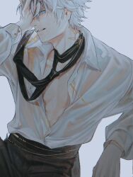1boy absurdres black_necktie black_pants blue_eyes collared_shirt hand_on_own_face hashtag-only_commentary highres honkai:_star_rail honkai_(series) ieririr long_sleeves looking_at_viewer male_focus neck_tattoo necktie pants partially_unbuttoned pectoral_cleavage pectorals phainon_(anan)_(honkai:_star_rail) phainon_(honkai:_star_rail) profile see-through_clothes see-through_shirt shirt short_hair simple_background solo sun_symbol sun_tattoo tan tattoo wet wet_clothes wet_hair wet_shirt white_background white_hair white_shirt