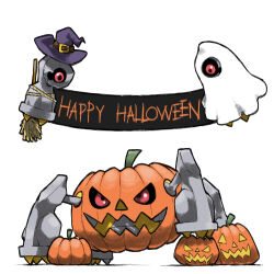 alternate_color banner beldum black_sclera blacknirrow broom colored_sclera english_text floating gen_3_pokemon ghost_costume halloween halloween_costume hat jack-o&#039;-lantern metagross nintendo no_humans one-eyed pokemon pokemon_(creature) pokemon_focus pumpkin purple_hat red_eyes rope shiny_pokemon simple_background white_background witch_hat