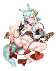 1girl absurdres animal_ears arm_support barefoot blush fan feet full_body geta gloves highres kitsune leotard looking_at_viewer lying medium_hair meiax mole on_back parted_lips red_eyes seere_(sin_nanatsu_no_taizai) shoes unworn_shoes short_hair_with_long_locks sidelocks simple_background sin_nanatsu_no_taizai soles spread_legs standing tail tengu-geta toes white_background