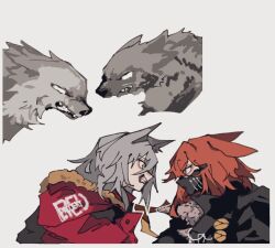 2girls angry animal arknights black_jacket clenched_teeth clothes_writing commentary covered_mouth crownslayer_(arknights) eye_contact faceoff from_side frown glaring grey_background grey_eyes grey_hair highres jacket looking_at_another mask medium_hair mouth_mask multiple_girls ninja_mask orange_eyes orange_hair profile projekt_red_(arknights) red_jacket rokudenasi071 simple_background sketch teeth